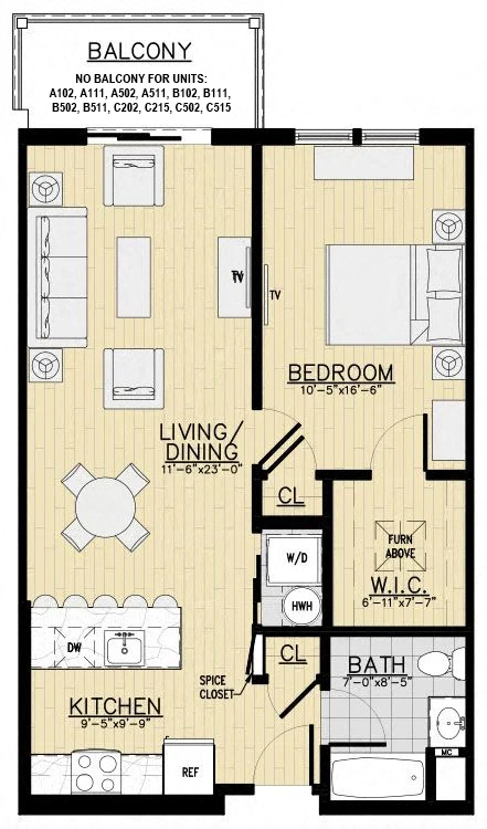 Floor plan for 1 bed, 1 bath, 766 sqft
